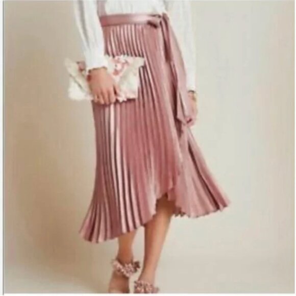 Anthropologie Maeve Pleated Satin-like Pink Skirt - Picture 3 of 10